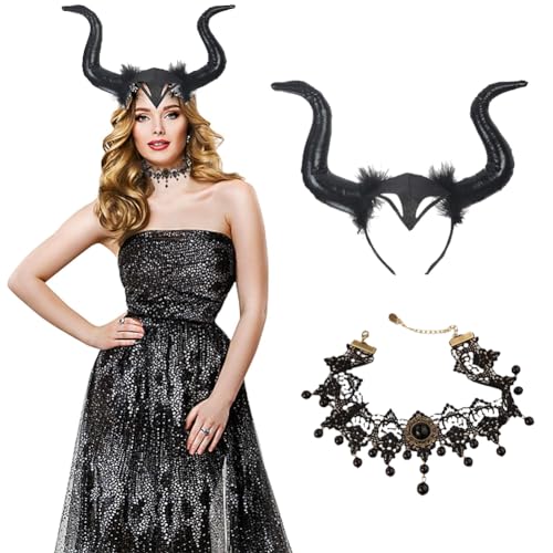 PIUMOJ Cuernos Demonio Halloween, Disfraz Diablo, Negro Diadema Cuernos con Collar Encaje Gótico, Disfraz Demonio Cosplay Regalo para Fiesta Halloween Carnaval, 2 Piezas