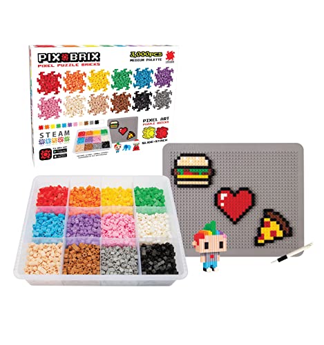 Pix Brix Pixel Art - Ladrillos de Rompecabezas – Contenedor de Arte de píxeles de 3,000 Piezas, Paleta de luz de 12 Colores, CREA construcciones 2D y 3D sin Agua ni Pegamento.