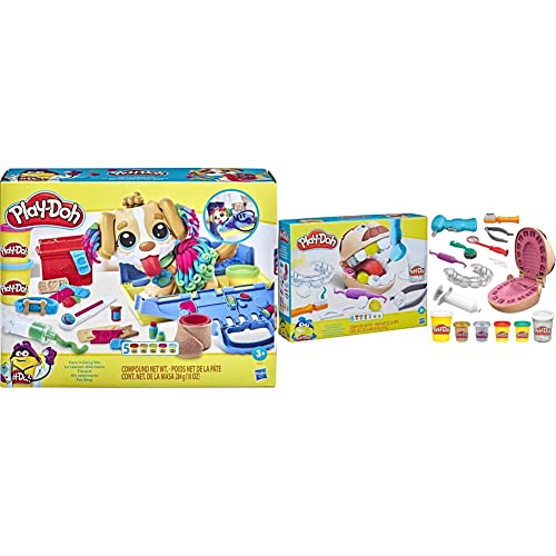 Play-Doh Kit Veterinario - Set con Cachorro de Juguete, transportín, 10 Herramientas, 5 Colores (F3639) + Juguete El Dentista Bromista niños a Partir 3 años con 8 Botes, no tóxico, Colores Surtidos