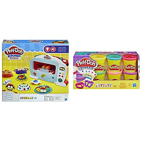 Play-Doh Set de Horno mágico Kitchen Creations para niños a Partir de 3 años con 6 Colores tóxicos + Pack Botes Brillantes (Hasbro A5417EU9)