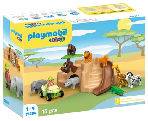 PLAYMOBIL 1.2.3 71594 Vida Salvaje, Set de Juego con Varios Animales, Quad y tobogán, para Que los niños descubran Las Funciones básicas, Juguete para niños a Partir de 12 Meses