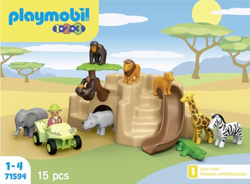 PLAYMOBIL 1.2.3 71594 Vida Salvaje, Set de Juego con Varios Animales, Quad y tobogán, para Que los niños descubran Las Funciones básicas, Juguete para niños a Partir de 12 Meses