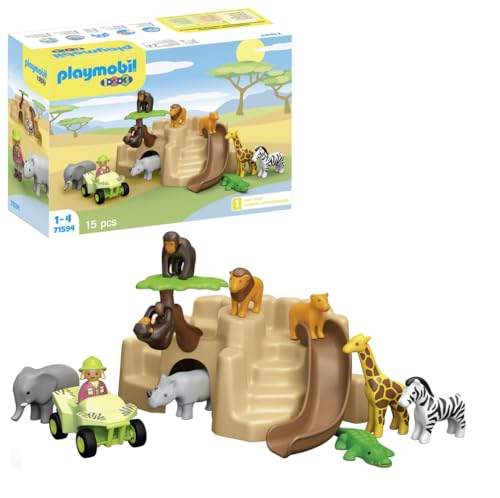 PLAYMOBIL 1.2.3 71594 Vida Salvaje, Set de Juego con Varios Animales, Quad y tobogán, para Que los niños descubran Las Funciones básicas, Juguete para niños a Partir de 12 Meses