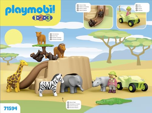 PLAYMOBIL 1.2.3 71594 Vida Salvaje, Set de Juego con Varios Animales, Quad y tobogán, para Que los niños descubran Las Funciones básicas, Juguete para niños a Partir de 12 Meses