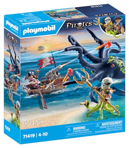 PLAYMOBIL Pirates 71419 Batalla con Pulpo Gigante, Piratas contra Deepers, un Calamar Grande con una función Real de rociado de Agua y Accesorios completos, Juguetes para niños a Partir de 4 años