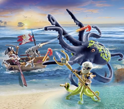 PLAYMOBIL Pirates 71419 Batalla con Pulpo Gigante, Piratas contra Deepers, un Calamar Grande con una función Real de rociado de Agua y Accesorios completos, Juguetes para niños a Partir de 4 años