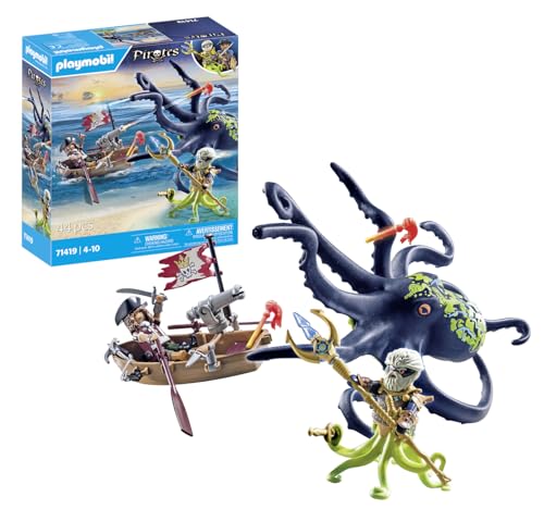 PLAYMOBIL Pirates 71419 Batalla con Pulpo Gigante, Piratas contra Deepers, un Calamar Grande con una función Real de rociado de Agua y Accesorios completos, Juguetes para niños a Partir de 4 años