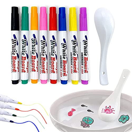 pohdhk Magical Water Painting Pen, Pintar Rotuladores Flotantes, Bolígrafo Mágico de tinta flotante con cuchara, bolígrafos mágicos de pintura al agua para niños (8 colores)