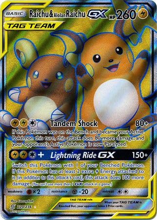 Pokemon Raichu & Alolan Raichu GX - 220/236 - Arte completo Ultra Rare Sun & Moon: Unified Minds Singles