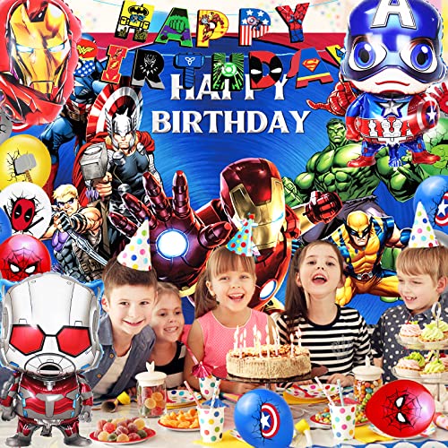 POVALLOV Decoracion Cumpleaños Super-héroes 5 años, Suministros Para Fiestas los Vengadores, Globos de Superhéroe Feliz Cumpleaños del Pancarta, Marvel Cumpleaños Decoracion de Tela de Fondo