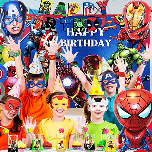 POVALLOV Decoracion Cumpleaños Super-héroes 5 años, Suministros Para Fiestas los Vengadores, Globos de Superhéroe Feliz Cumpleaños del Pancarta, Marvel Cumpleaños Decoracion de Tela de Fondo