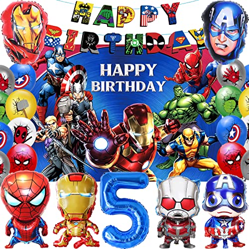 POVALLOV Decoracion Cumpleaños Super-héroes 5 años, Suministros Para Fiestas los Vengadores, Globos de Superhéroe Feliz Cumpleaños del Pancarta, Marvel Cumpleaños Decoracion de Tela de Fondo