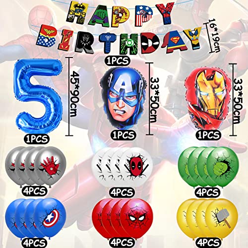 POVALLOV Decoracion Cumpleaños Super-héroes 5 años, Suministros Para Fiestas los Vengadores, Globos de Superhéroe Feliz Cumpleaños del Pancarta, Marvel Cumpleaños Decoracion de Tela de Fondo