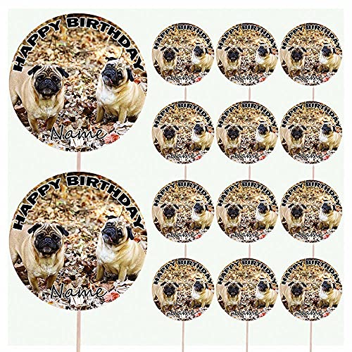 Pugs - Juego de 14 decoraciones de cumpleaños personalizables para alimentos y tartas