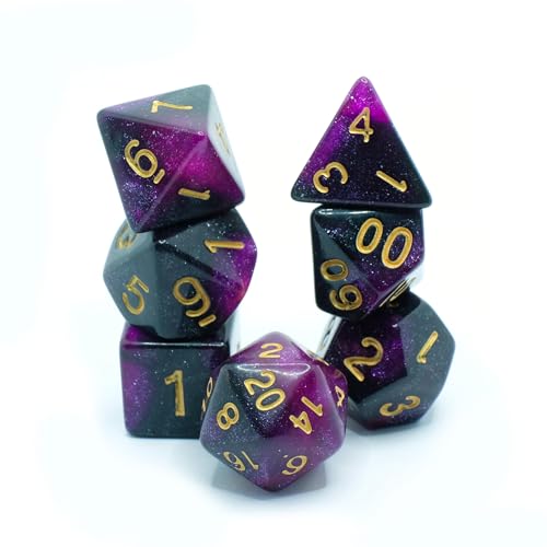 Purple Stars in Space - Polyset Dice | Polydice | Purple Black Glitters and Gold | Dice Set of 7 Pieces| D&D and RPGs | Plastic Dice Set | Polyhedral Dice Set | DND / D&D / Dungeons and Dragons