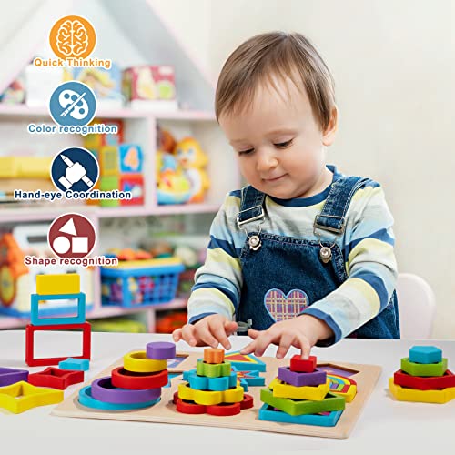 Puzzle de Formas Geométrica de Madera, 9 in 1 Montessoris Juguetes Bloques de Construcción Educativos de Aprendizaje Temprano Juegos para Encajar Apilador para Niña Niños 2 3 4 Años