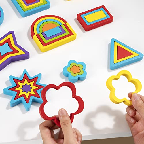 Puzzle de Formas Geométrica de Madera, 9 in 1 Montessoris Juguetes Bloques de Construcción Educativos de Aprendizaje Temprano Juegos para Encajar Apilador para Niña Niños 2 3 4 Años