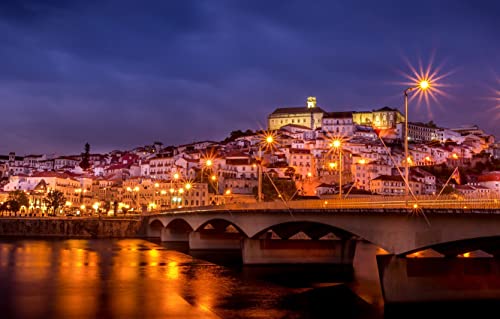 Puzzles De Madera 1000 Piezas Portugal Coimbra Púrpura Noche Edificios Puente Rompecabezas De Madera 75X50Cm