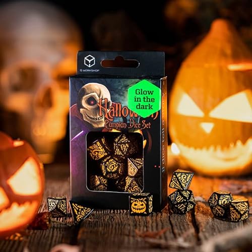 Q-WORKSHOP HALLOWEEN PUMPKIN DICE SET BRILLANTE EN LA OSCURIDAD NARANJA Y NEGRO HISTORIA JUEGOS DE ROL NUEVO