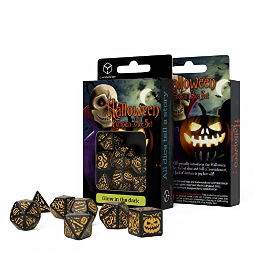 Q-WORKSHOP HALLOWEEN PUMPKIN DICE SET BRILLANTE EN LA OSCURIDAD NARANJA Y NEGRO HISTORIA JUEGOS DE ROL NUEVO