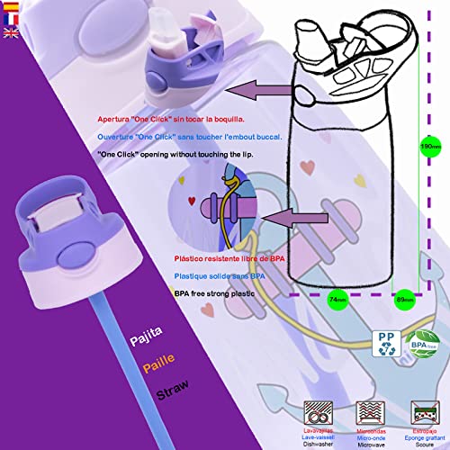 Qindalo. Botella de Agua para niños de 480 ml libre de BPA con Pajita y apertura One Click. Mod. Anchor
