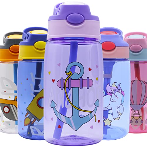 Qindalo. Botella de Agua para niños de 480 ml libre de BPA con Pajita y apertura One Click. Mod. Anchor