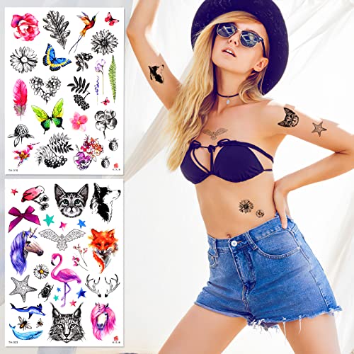 Qpout 15 Hojas Variedad de Tatuajes Temporales coloridos para niños adultos, tótem tribal de flores de animales, pegatinas impermeables para tatuajes, niños niñas fiesta de cumpleaños relleno de bolsa