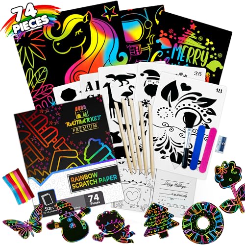 Raimarket: 74 Papel Magico Scratch Art para Niños, Papel Rascar Láminas de Dibujo. Hojas Negras Rascar Colores Cartulinas Mágicas. Dibujo Niños & Papel Negro para Rascar - Ideal 3 4 5 6 7 8 Años