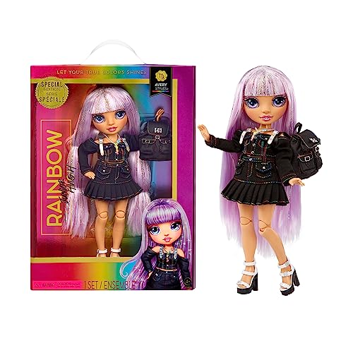 Rainbow Junior High Special Edition - Avery Styles - 9"/22,86 cm Muñeca de Moda Rainbow Shimmer Hair Posable con Accesorios y Mochila Flexible de Abrir y Cerrar- para niños y niñas de 4 a 12 años