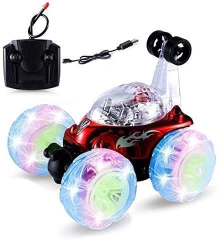 Recargable 3D Flip Car Niños Inalámbrico RC Coche Juguete Eléctrico 360 ° Giratorio Acrobacias Carreras Luces LED Música Volcado Acrobacias Camión Buggy Hobby Juguetes Regalos (Color: Rojo) (Ro