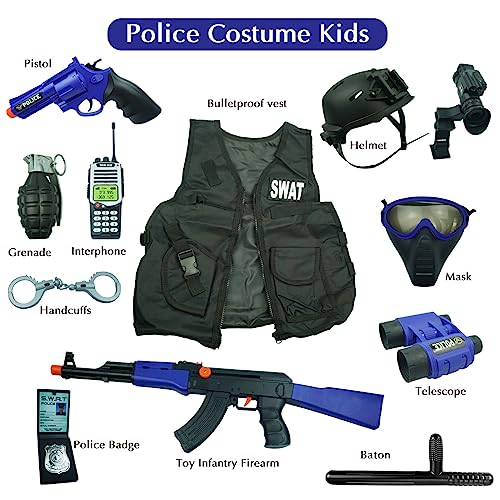 RedCrab Disfraz de Policía Niño con 12 Accesorios Policía Equipo Chaleco Sombrero Juguetes Esposas Walkie Talkie Insignia Cinturón Disfraz Policía para Disfraces Halloween 3 4 5 6 7-10 Años