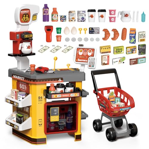 RedCrab Supermercado con Carrito Compra, Caja Registradora con Scanner y Lector de Tarjeta, Máquina de Café, Frigorífico y 55 Accesorios, Juego de rol de Tienda para Niños Niñas 3 Años+