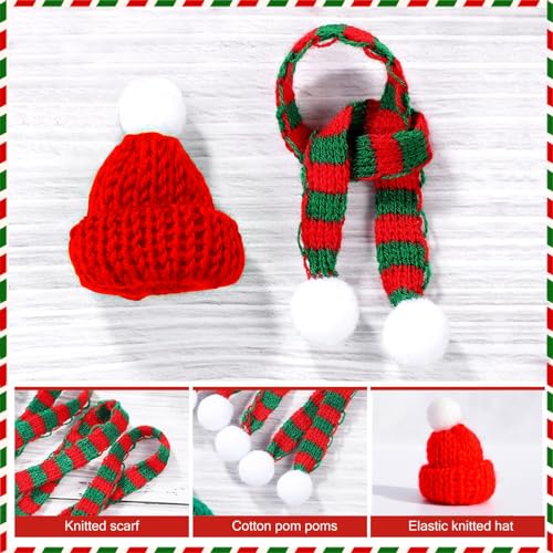 RICEEL Juego de 20 mini gorro de Navidad y bufanda, mini gorro de punto de Navidad pequeños gorros de Navidad para botella de vino de Navidad, decoración de pequeño gorro para mascotas, lana de punto