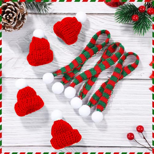 RICEEL Juego de 20 mini gorro de Navidad y bufanda, mini gorro de punto de Navidad pequeños gorros de Navidad para botella de vino de Navidad, decoración de pequeño gorro para mascotas, lana de punto