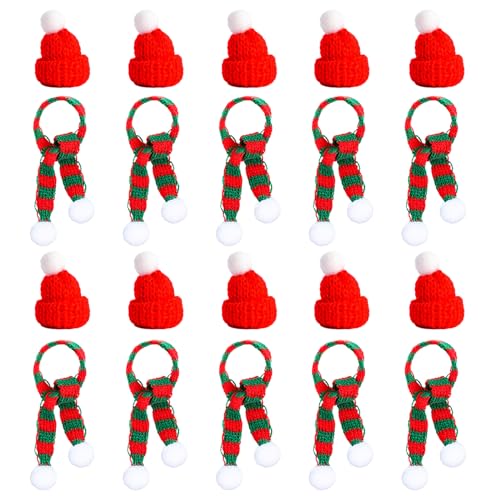 RICEEL Juego de 20 mini gorro de Navidad y bufanda, mini gorro de punto de Navidad pequeños gorros de Navidad para botella de vino de Navidad, decoración de pequeño gorro para mascotas, lana de punto