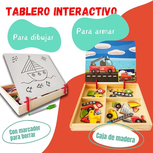 Rimafi Juguete Educativo magnético de Madera para armar. Tablero de Juegos y Pizarra Infantil Blanca de Dibujo. Juegos niños 3 años o mas. Puzzle magnetico 3 niños