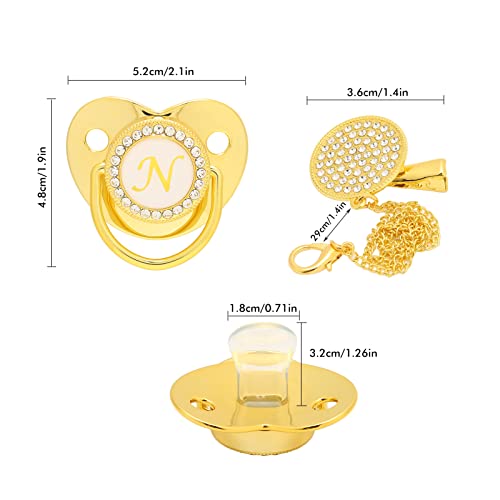 RiToEasysports Chupetes para Bebés, Diseño Curvo, Chupete con 26 Letras Y Clips, Chupete Dorado para Bebés de 6 a 18 Meses(N) Alimentación con Leche En Polvo