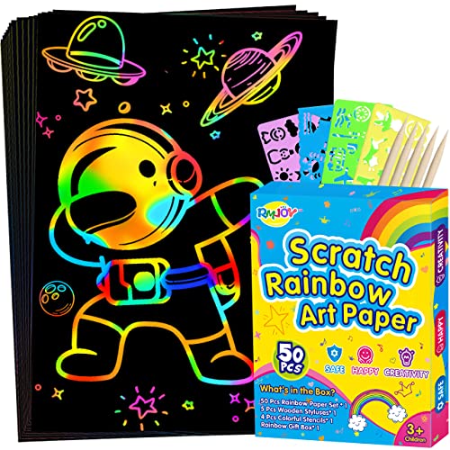 RMJOY Juego de papel para rayar arcoíris: 50 piezas de arte mágico para manualidades de arañazos de papel, kit de suministros para niños de 3 a 12 años de edad para niños y niñas y adolescentes,