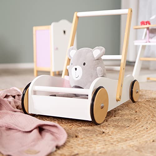 roba Andador para Bebé Scarlett, Ayuda para Caminar para Bebés, Carrito de Muñecas con Textiles Rosa, Madera Blanca Lacada