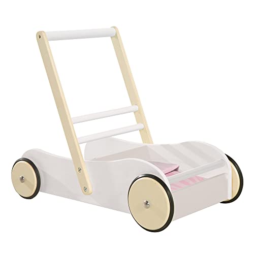 roba Andador para Bebé Scarlett, Ayuda para Caminar para Bebés, Carrito de Muñecas con Textiles Rosa, Madera Blanca Lacada