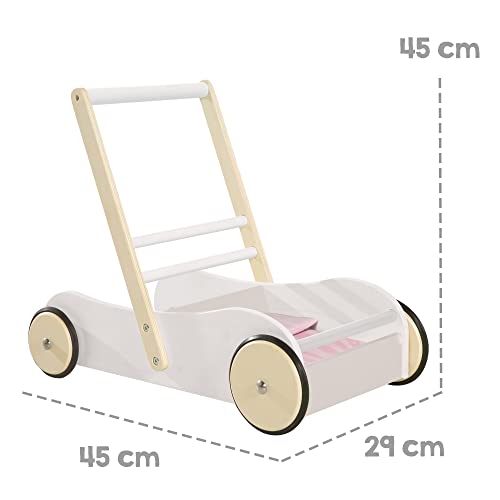 roba Andador para Bebé Scarlett, Ayuda para Caminar para Bebés, Carrito de Muñecas con Textiles Rosa, Madera Blanca Lacada