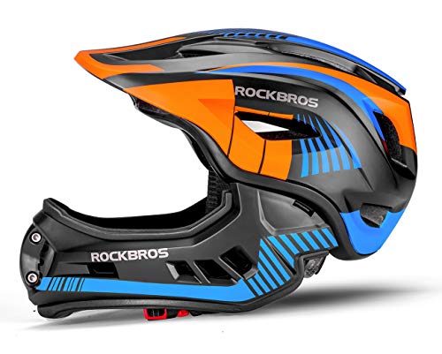 ROCKBROS Casco Integral Niños Mentonera Desmontable, Casco Ajustable Protección Cabeza para MTB BMX Ciclismo S 48-53cm M 53-58cm