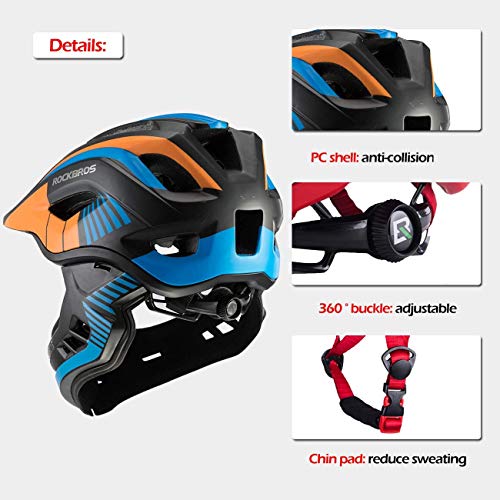 ROCKBROS Casco Integral Niños Mentonera Desmontable, Casco Ajustable Protección Cabeza para MTB BMX Ciclismo S 48-53cm M 53-58cm