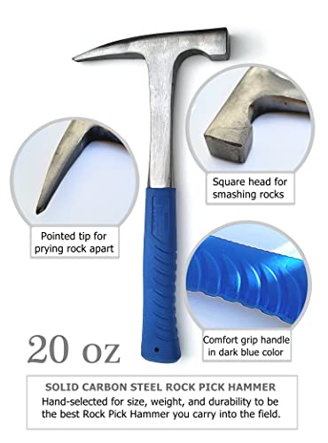 Rockhounding Tools - Kit de martillo de geología con guía de campo de 32 páginas para persecución de rocas - Mochila para llevar juego de cincel y púas - Regalos de geología para niños y adultos -