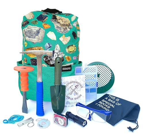 Rockhounding Tools - Kit de martillo de geología con guía de campo de 32 páginas para persecución de rocas - Mochila para llevar juego de cincel y púas - Regalos de geología para niños y adultos -