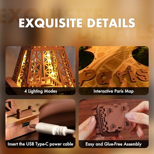 Rolife Puzzle 3D Torre Eiffel Maquetas para Construir Adultos Kits de Construcción Puzzle Madera Adultos Maquetas para Montar con Luces LED 164pcs (TGL01)