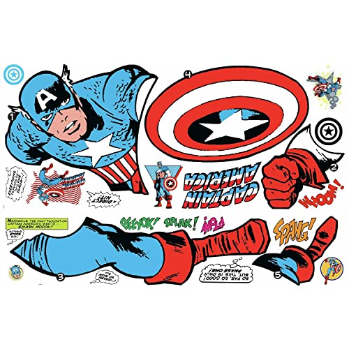 RoomMates RMK5051GM Marvel Classic Capitán América Comic Peel and Stick Calcomanías de pared, azul, rojo, amarillo, negro, verde, naranja, rosa, blanco