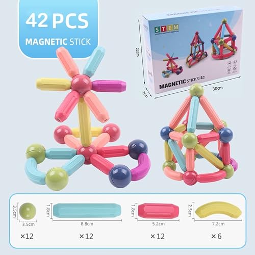 ROUSKY Juego de Barras magnéticas, Juego de Bloques de construcción de imanes, Ladrillos de construcción, Juguetes Apilados Stem para niños de 3 años + (Coloridos-42 PCS)