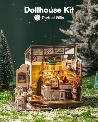 Rowood Casa de Muñecas en Miniatura Cafetería con Luz | DIY Miniature House Maquetas para Montar Manualidades de Madera | Regalos de para Adultos, Mujeres, Niñas