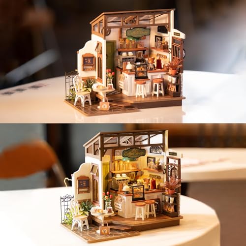 Rowood Casa de Muñecas en Miniatura Cafetería con Luz | DIY Miniature House Maquetas para Montar Manualidades de Madera | Regalos de para Adultos, Mujeres, Niñas